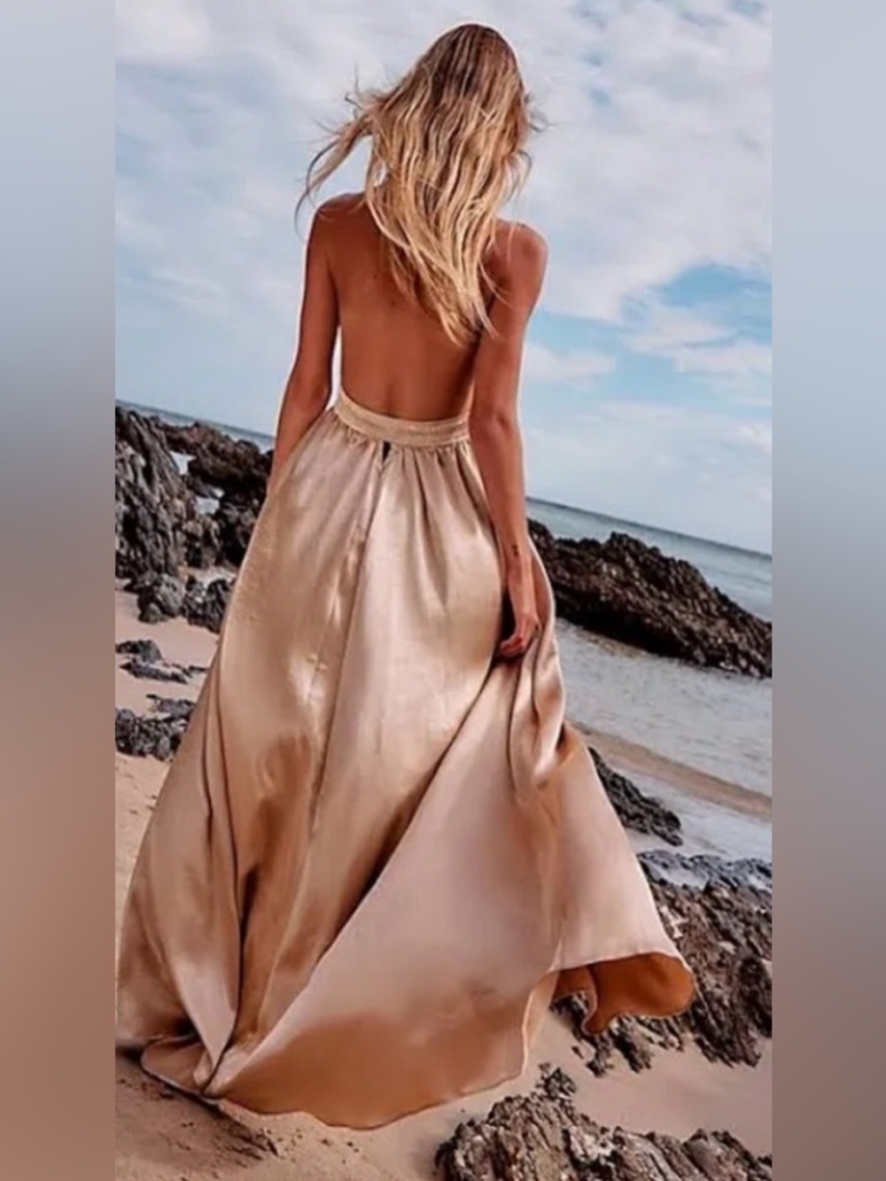 FREE PEOPLE LOOK INTO THE SUN PLUNGING NECKLINE GOWN MAXI GOLD OPEN BACK LARGE - Picture 3 of 16